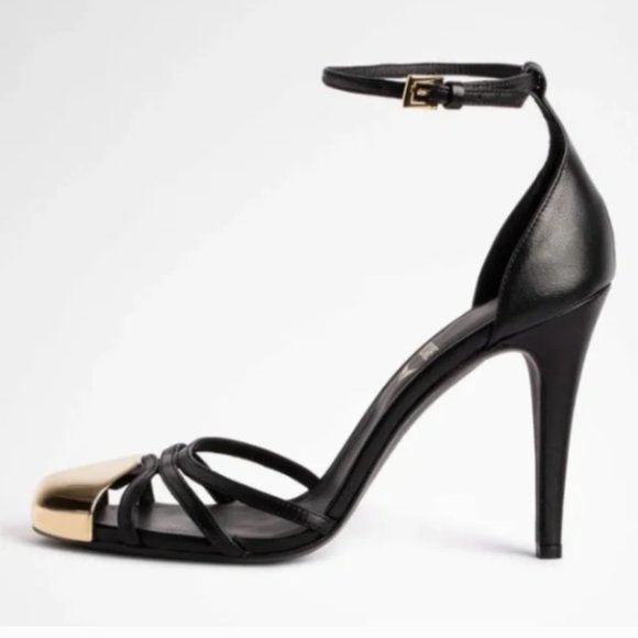 ZADIG & VOLTAIRE Amee Sandals- Size 40 -Black Ankle Strap w/ Gold Metal Toecap - Picture 1 of 8